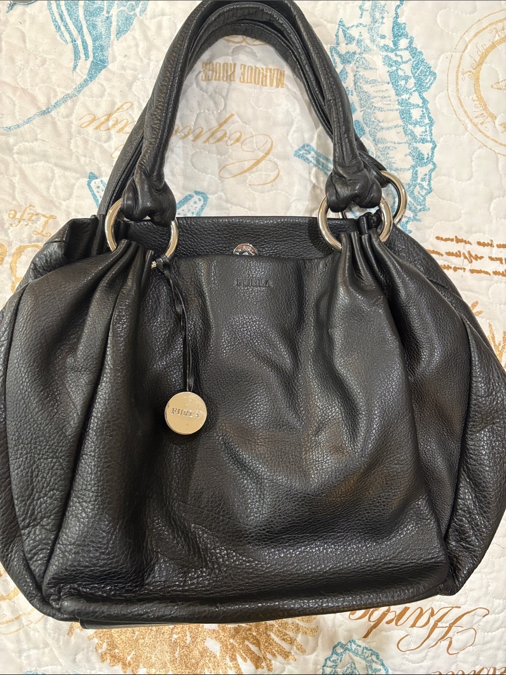 Vintage Furla Carmen Hobo Black Pebbled Leather Shoulder Bag with Ring Handles